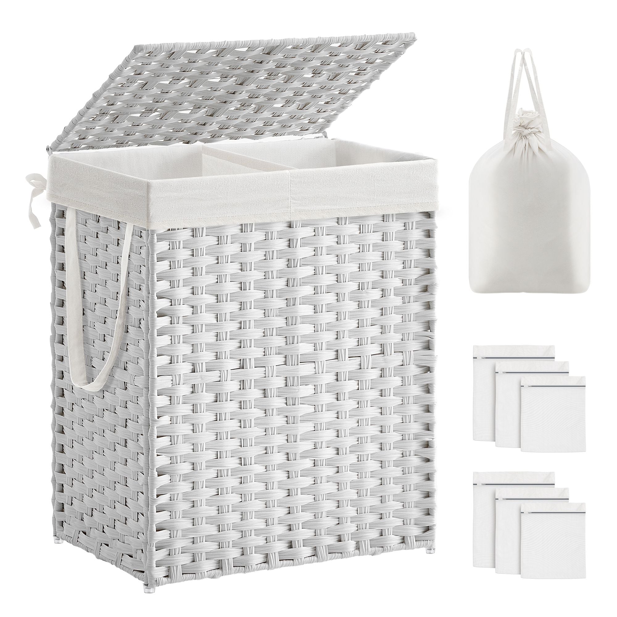 Wasmand met Deksel - 2 Vakken - 90 Liter - Handgeweven - Wit