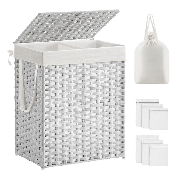 Wasmand met Deksel - 2 Vakken - 90 Liter - Handgeweven - Wit