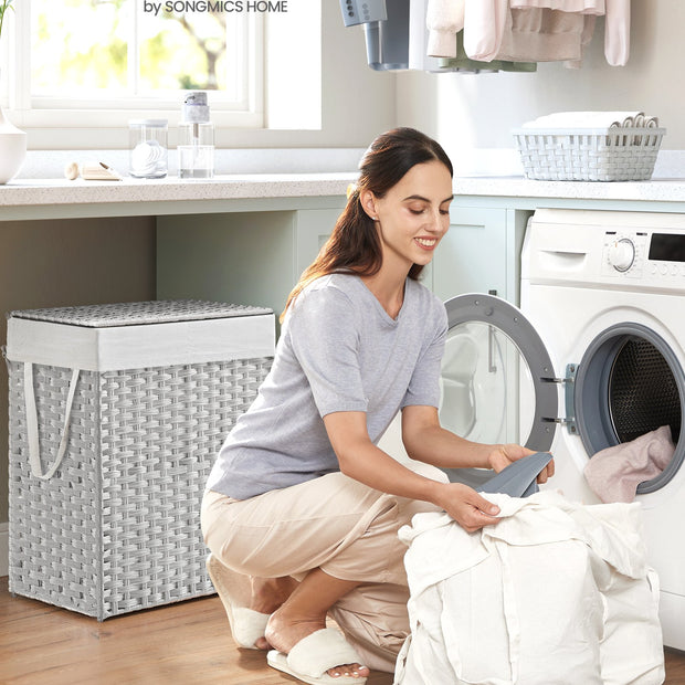 Wasmand met Deksel - 2 Vakken - 90 Liter - Handgeweven - Wit
