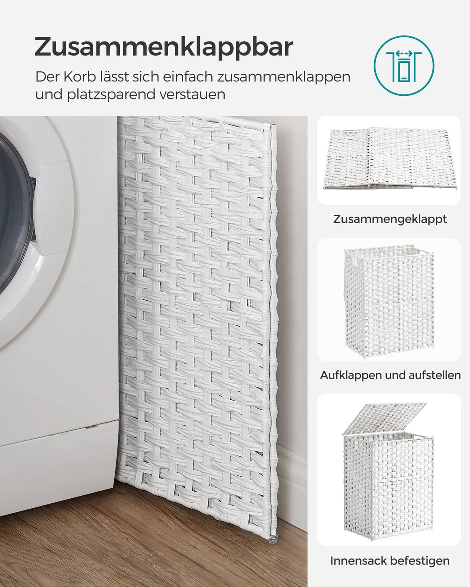 Wasmand met Deksel - 2 Vakken - 90 Liter - Handgeweven - Wit