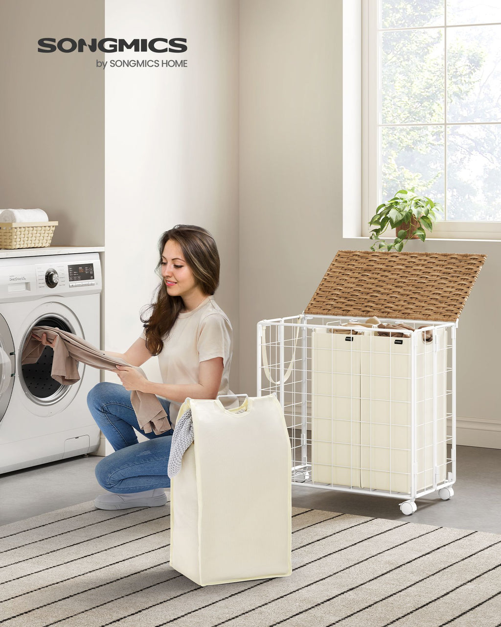 Tvättkorg på hjul naturlig beige-crème vit