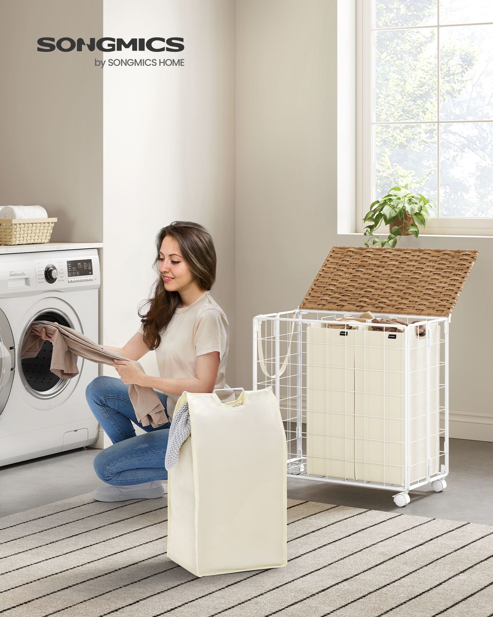 Tvättkorg på hjul naturlig beige-crème vit