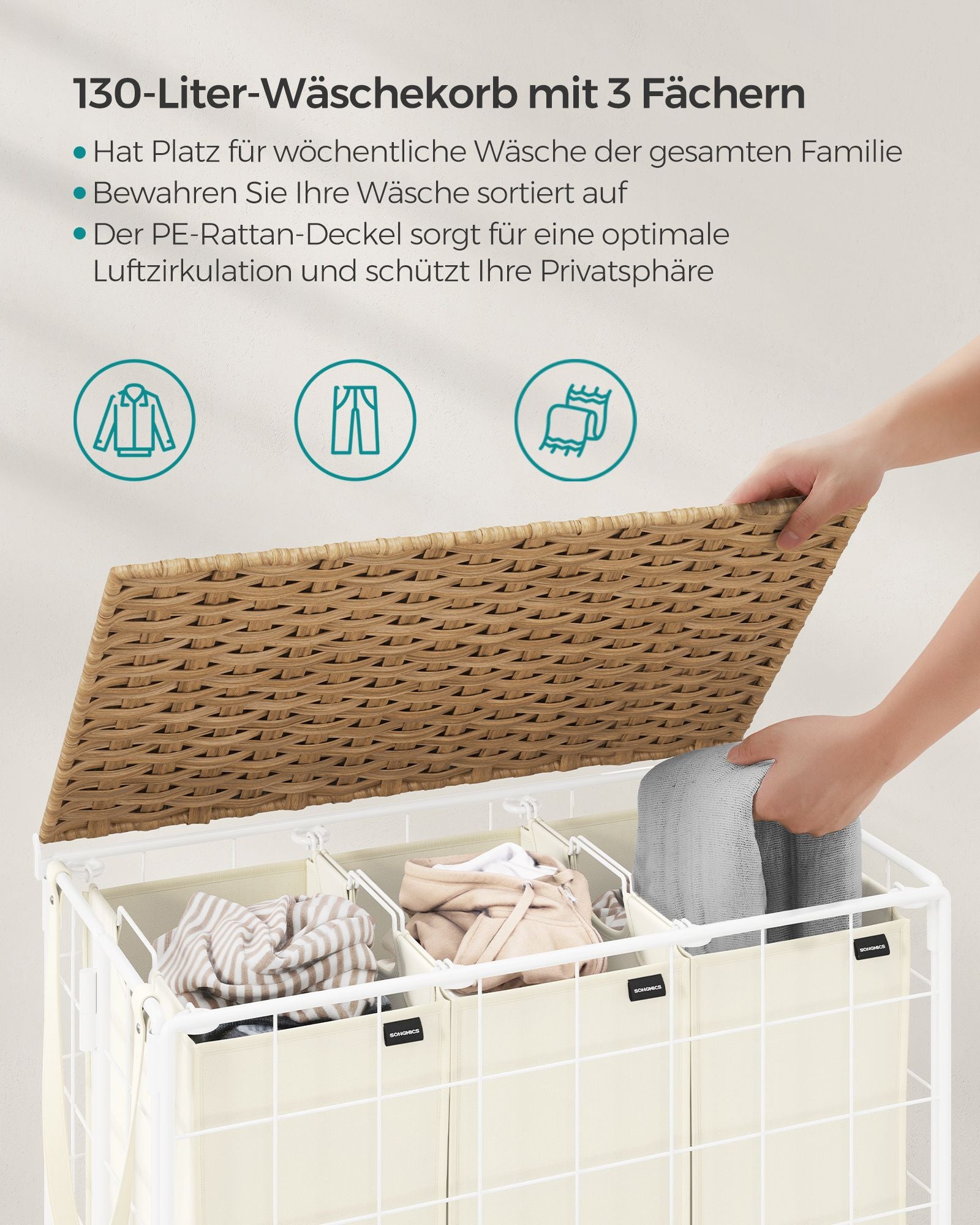 Tvättkorg på hjul naturlig beige-crème vit