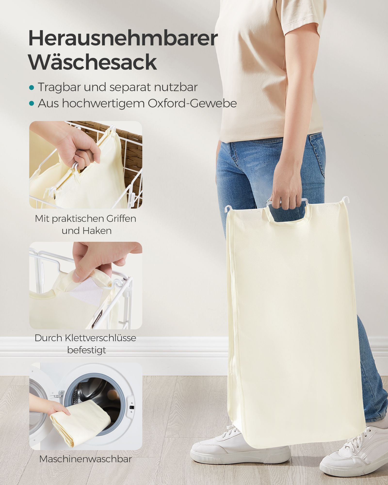 Tvättkorg på hjul naturlig beige-crème vit