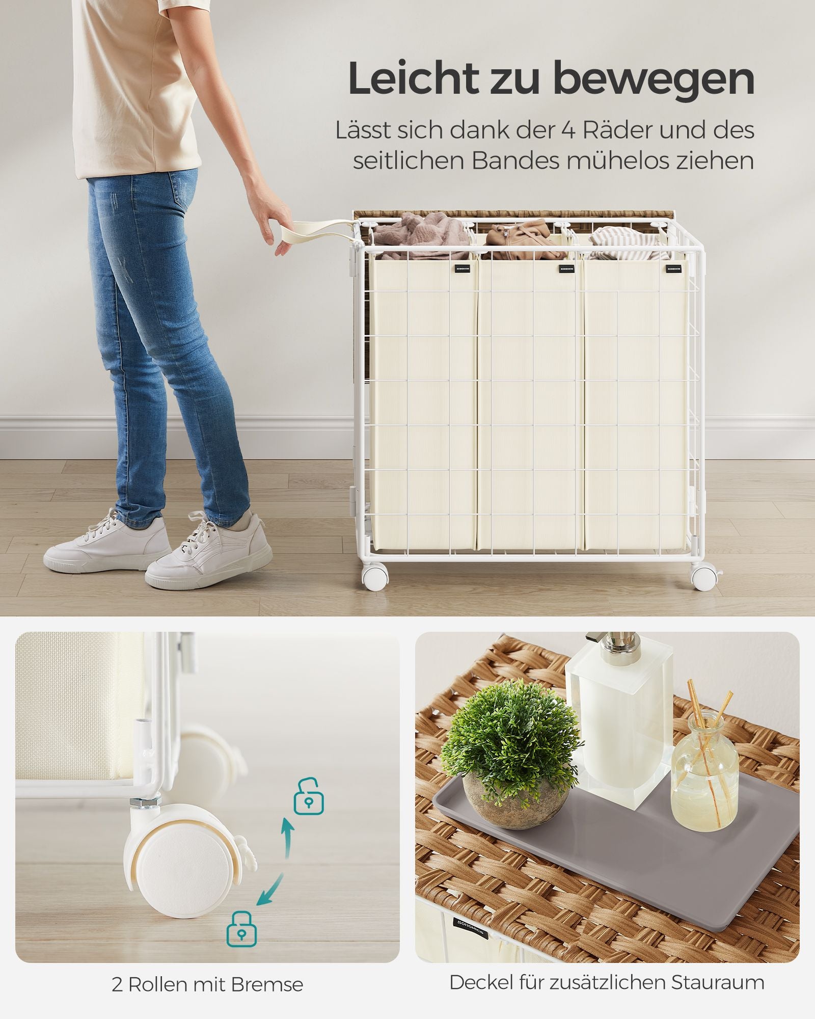 Tvättkorg på hjul naturlig beige-crème vit