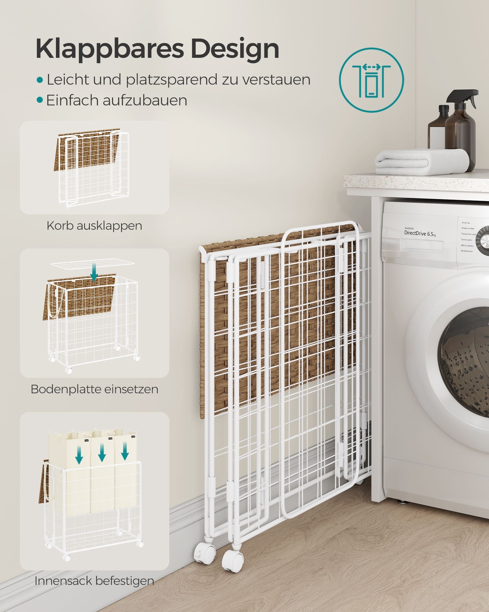 Tvättkorg på hjul naturlig beige-crème vit