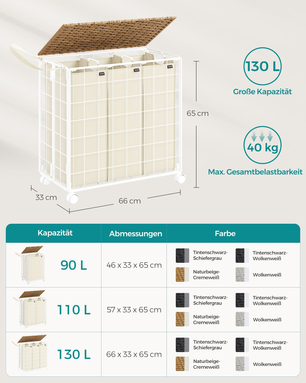 Tvättkorg på hjul naturlig beige-crème vit