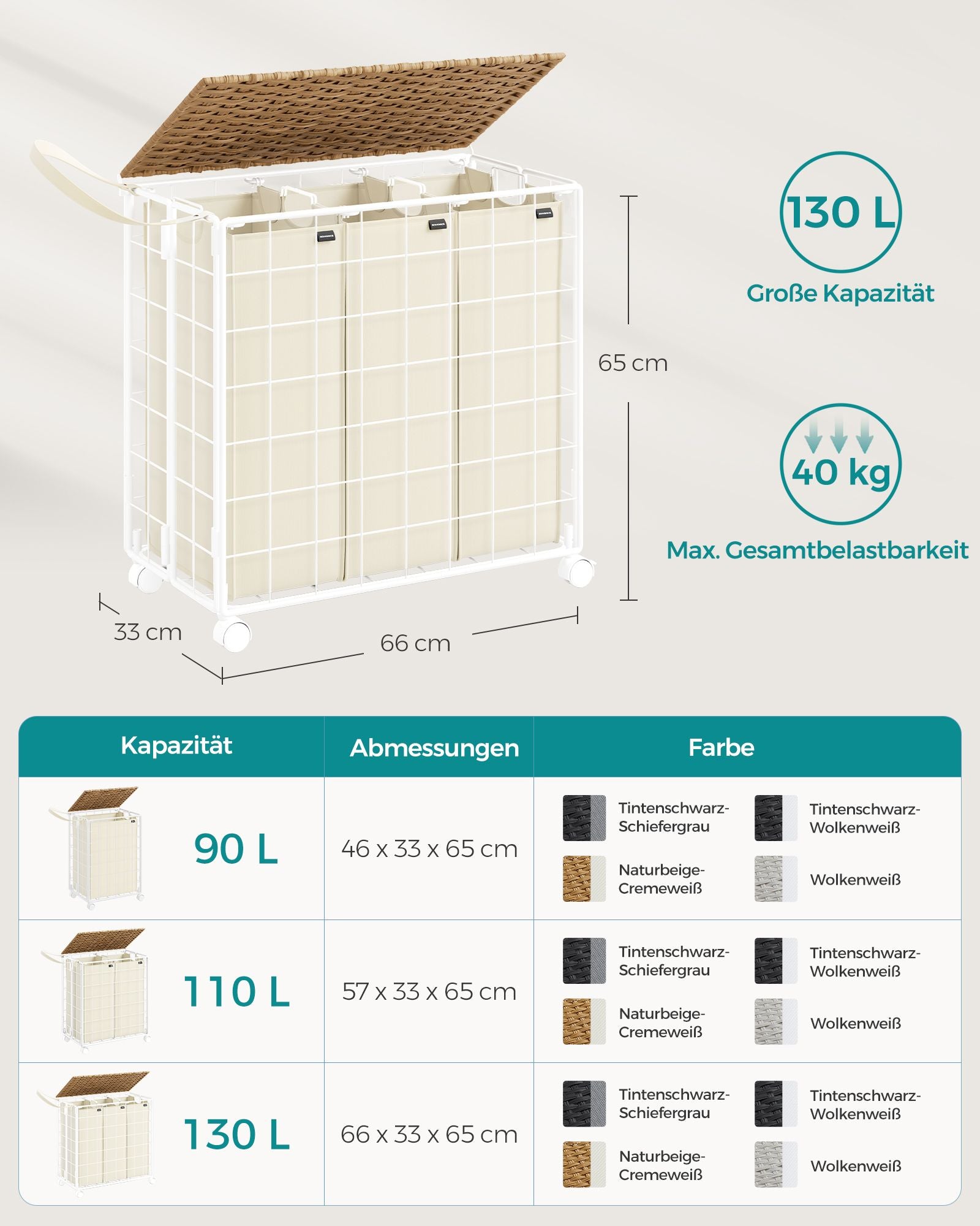 Tvättkorg på hjul naturlig beige-crème vit