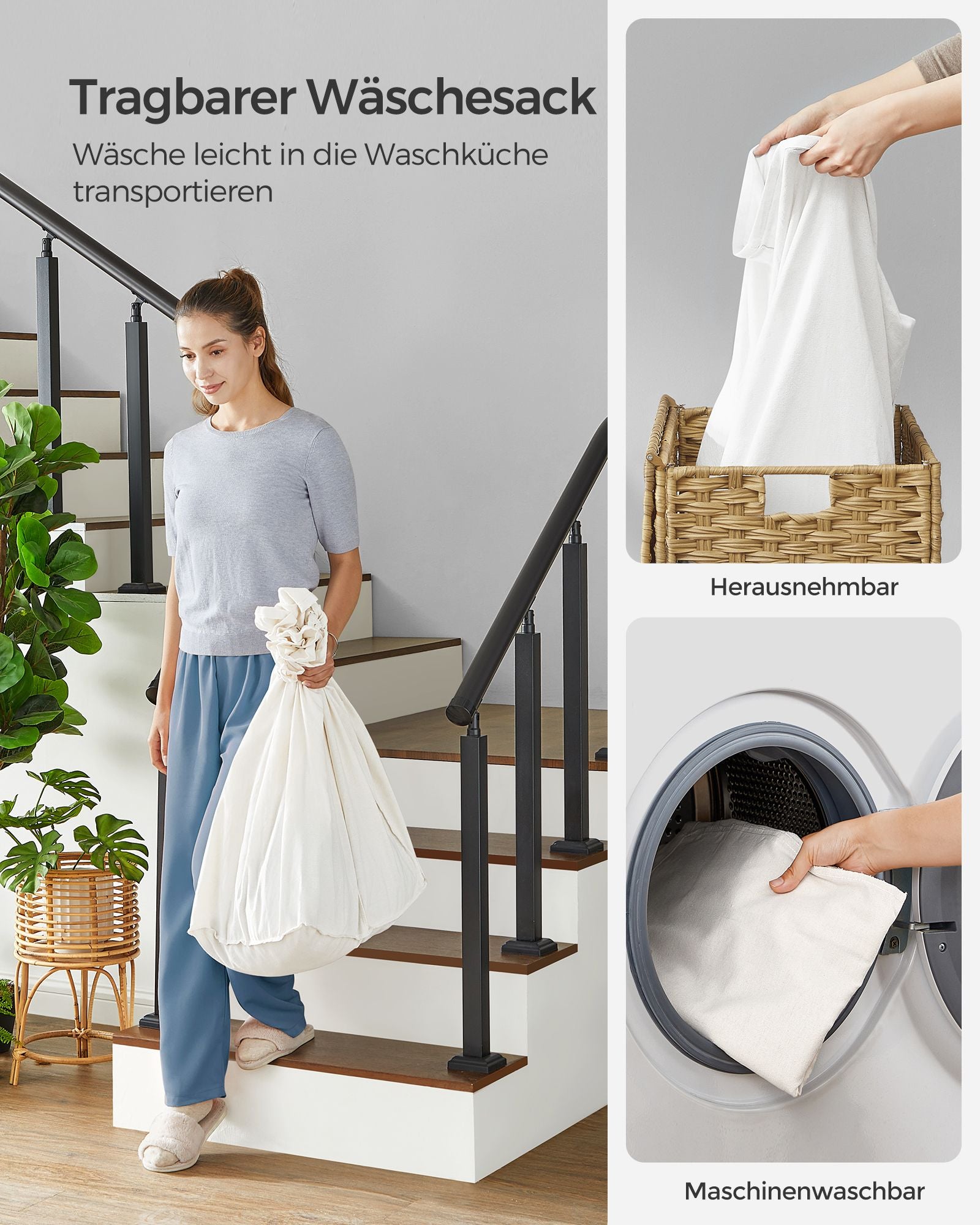 Tvättkorg - med avtagbart lock - naturlig färg