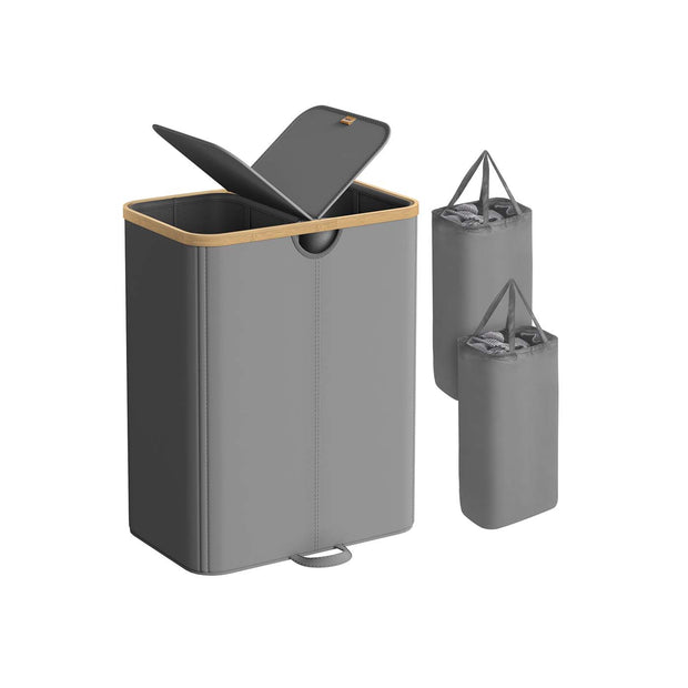 Tvättkorg med lock och två fack, skiffergrå-naturbeige