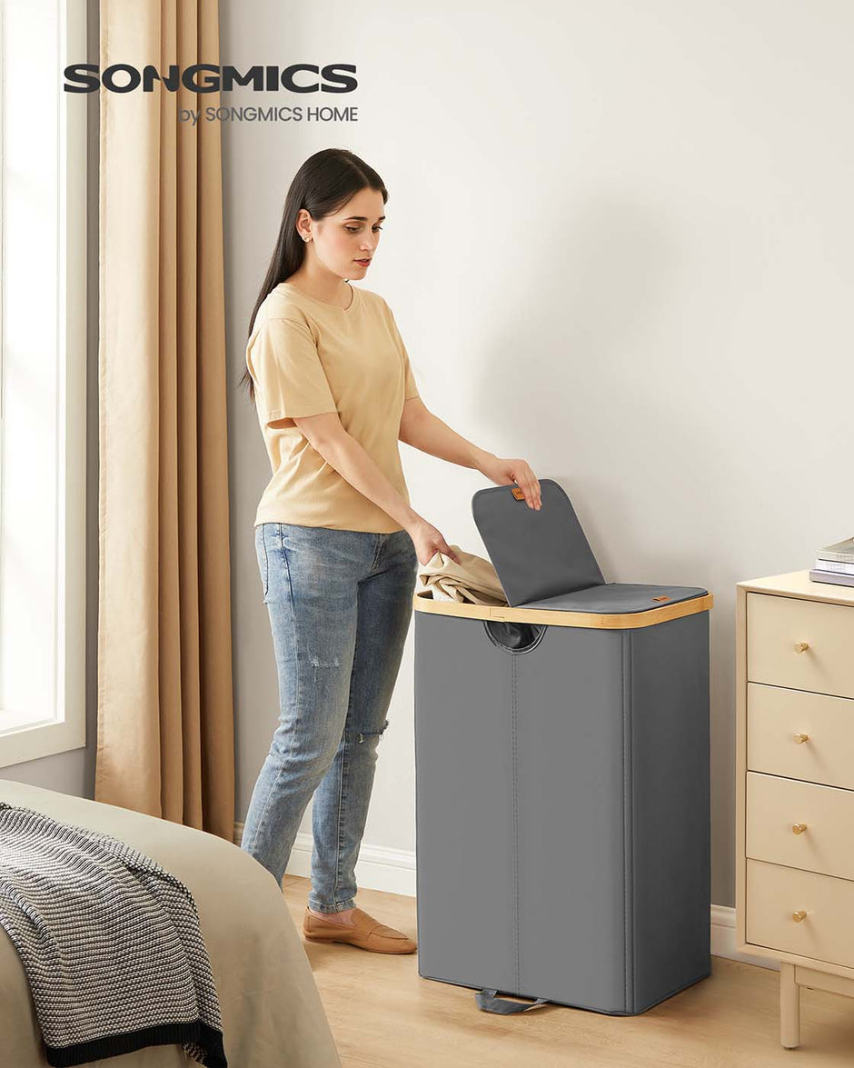 Tvättkorg med lock och två fack, skiffergrå-naturbeige