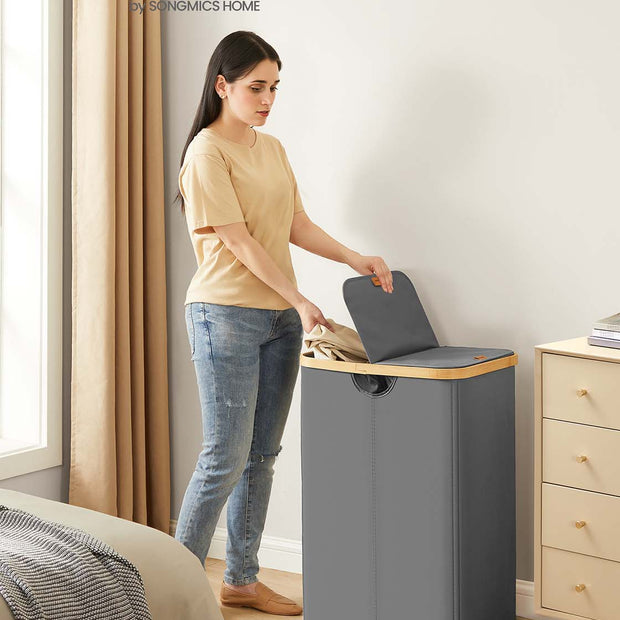 Tvättkorg med lock och två fack, skiffergrå-naturbeige