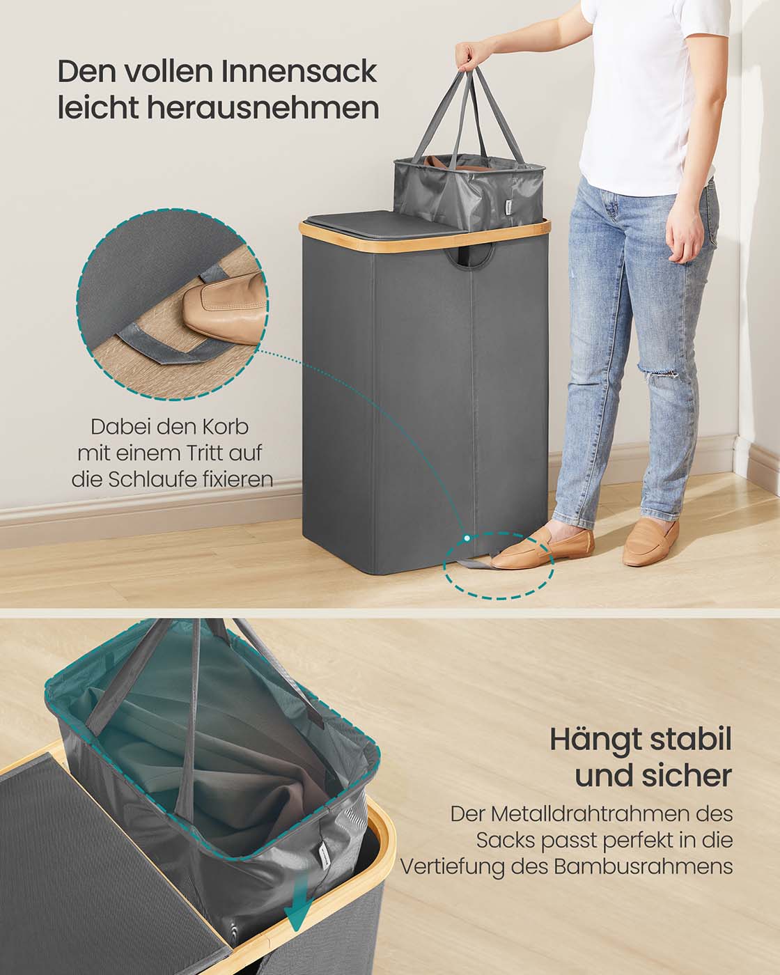 Tvättkorg med två fack och lock