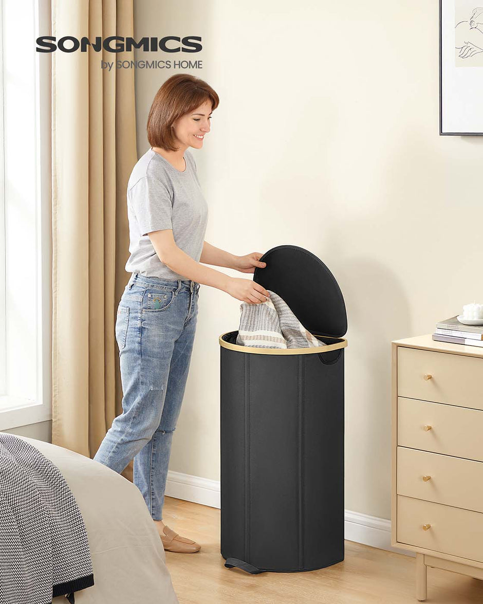 Tvättkorg med lock och avtagbar påse – Oxfordduk – bläck svart-naturbeige