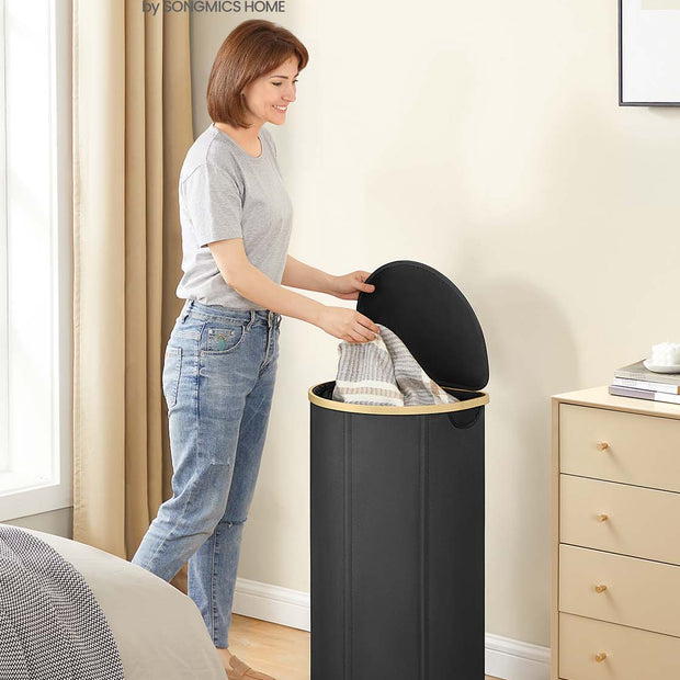 Tvättkorg med lock och avtagbar påse – Oxfordduk – bläck svart-naturbeige