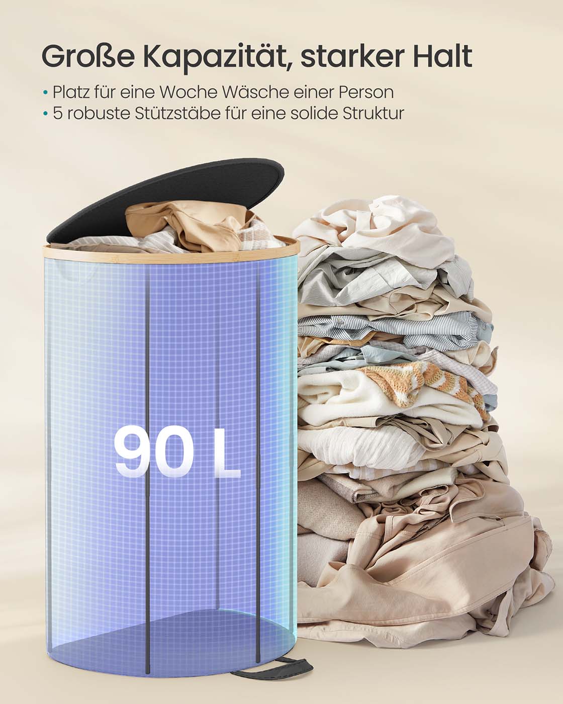 Tvättkorg med lock och avtagbar väskbläcksvart naturlig beige