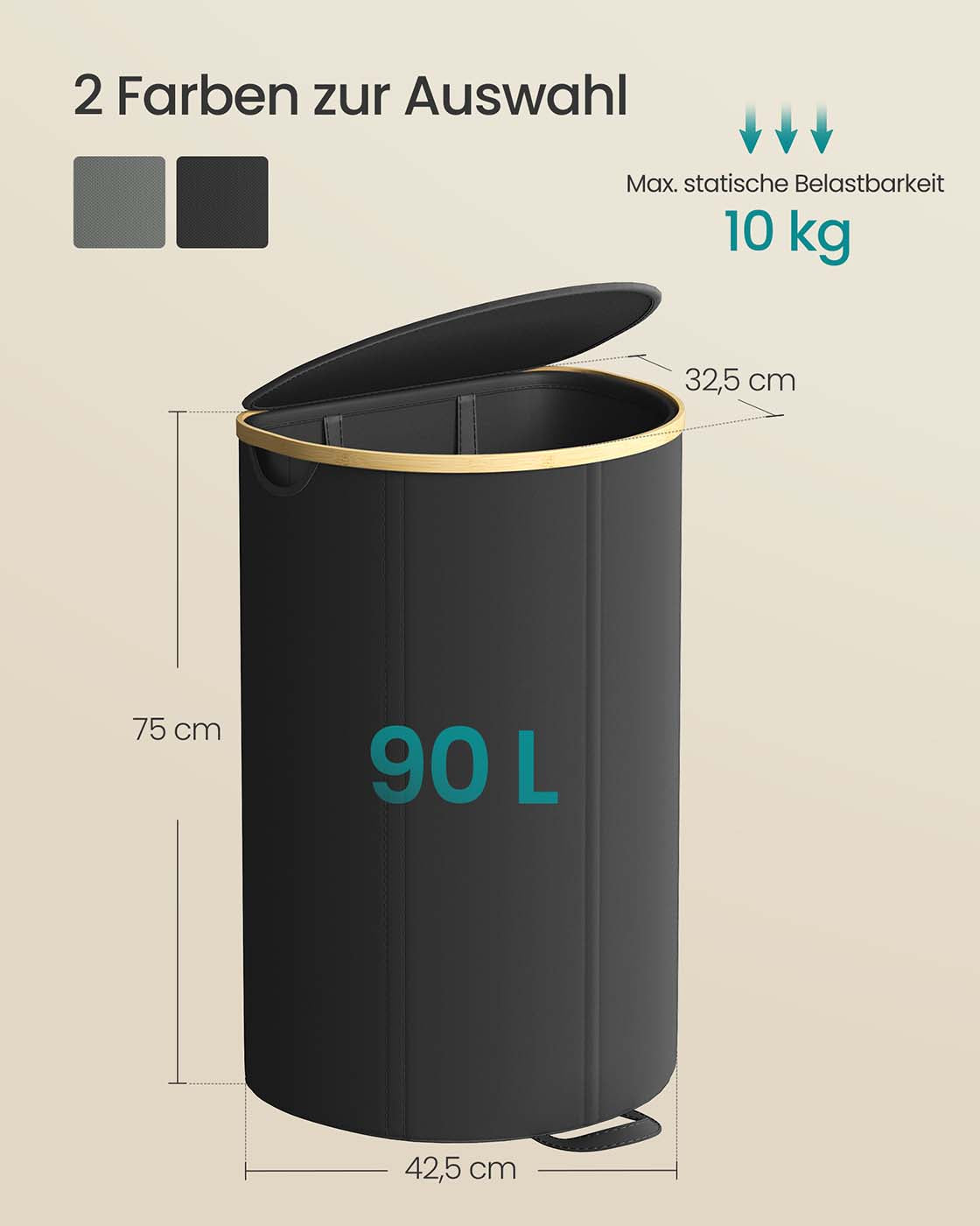 Tvättkorg med lock och avtagbar påse – Oxfordduk – bläck svart-naturbeige