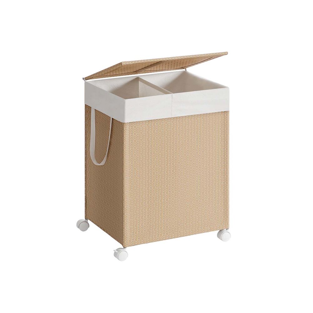 Tvättkorg 100 L med 2 fack och hjul naturligt beige mattvitt