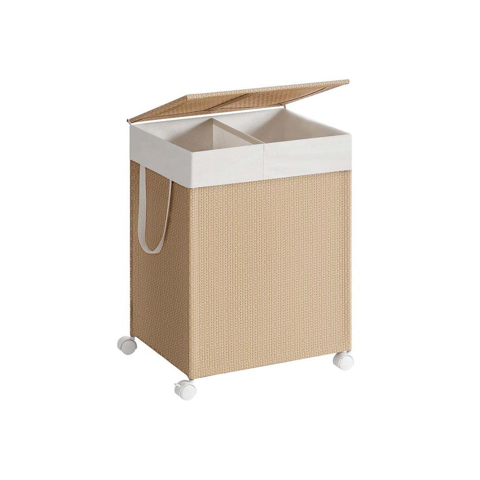 Tvättkorg 100 L med 2 fack och hjul naturligt beige mattvitt