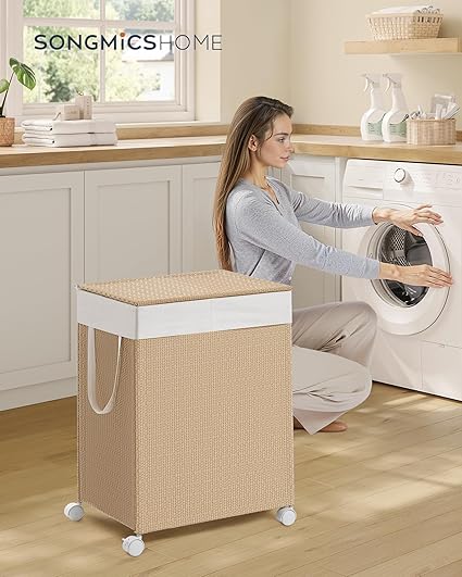Tvättkorg 100 L med 2 fack och hjul naturligt beige mattvitt