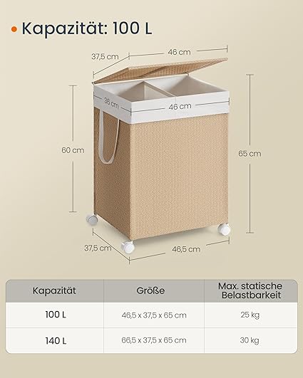 Tvättkorg 100 L med 2 fack och hjul naturligt beige mattvitt