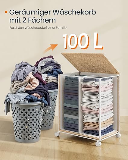 Tvättkorg 100 L med 2 fack och hjul naturligt beige mattvitt