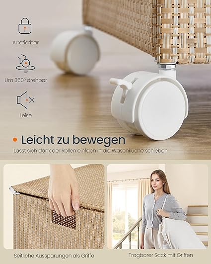 Tvättkorg 100 L med 2 fack och hjul naturligt beige mattvitt