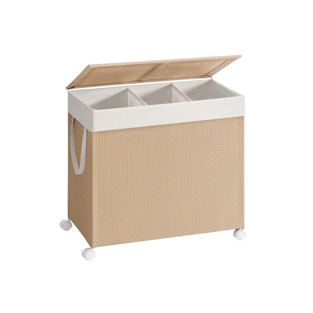 Tvättkorg 100 L med 2 fack och hjul naturligt beige mattvitt