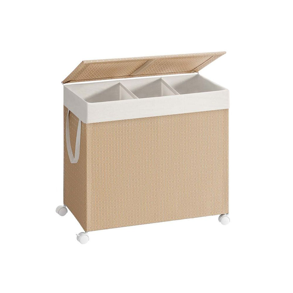 Tvättkorg 100 L med 2 fack och hjul naturligt beige mattvitt