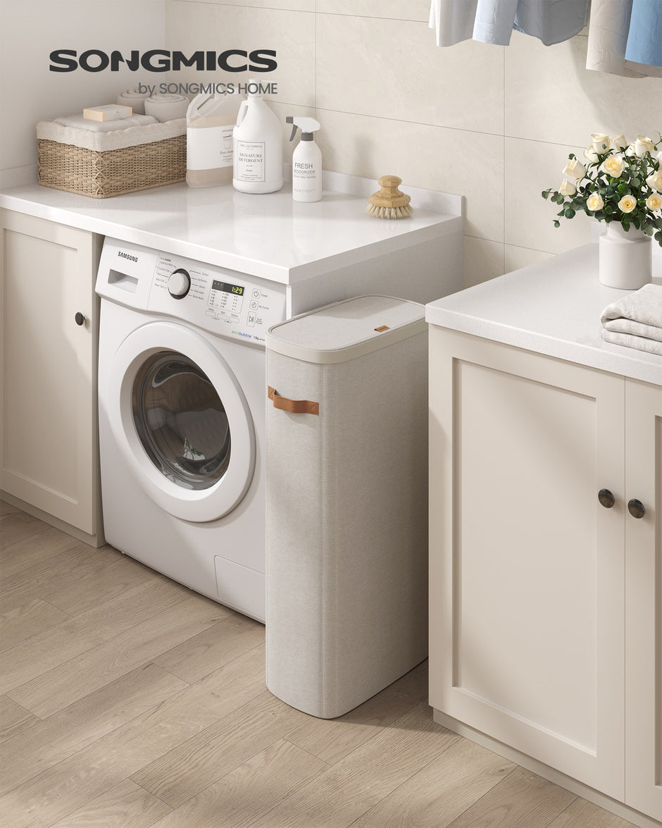 Wasmand - 39 x 22 x 75 cm - 65 liter - met deksel en handgrepen - uitneembare waszak - cappuccinobeige - max. belasting 10 kg