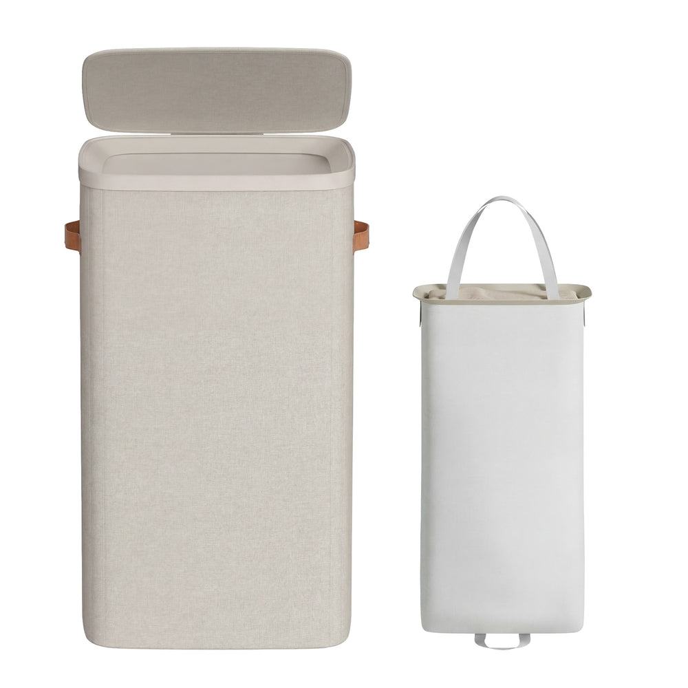 Wasmand - 65 liter - 39 x 22 x 75 cm - met deksel en handvatten - beige - maximaal 10 kg