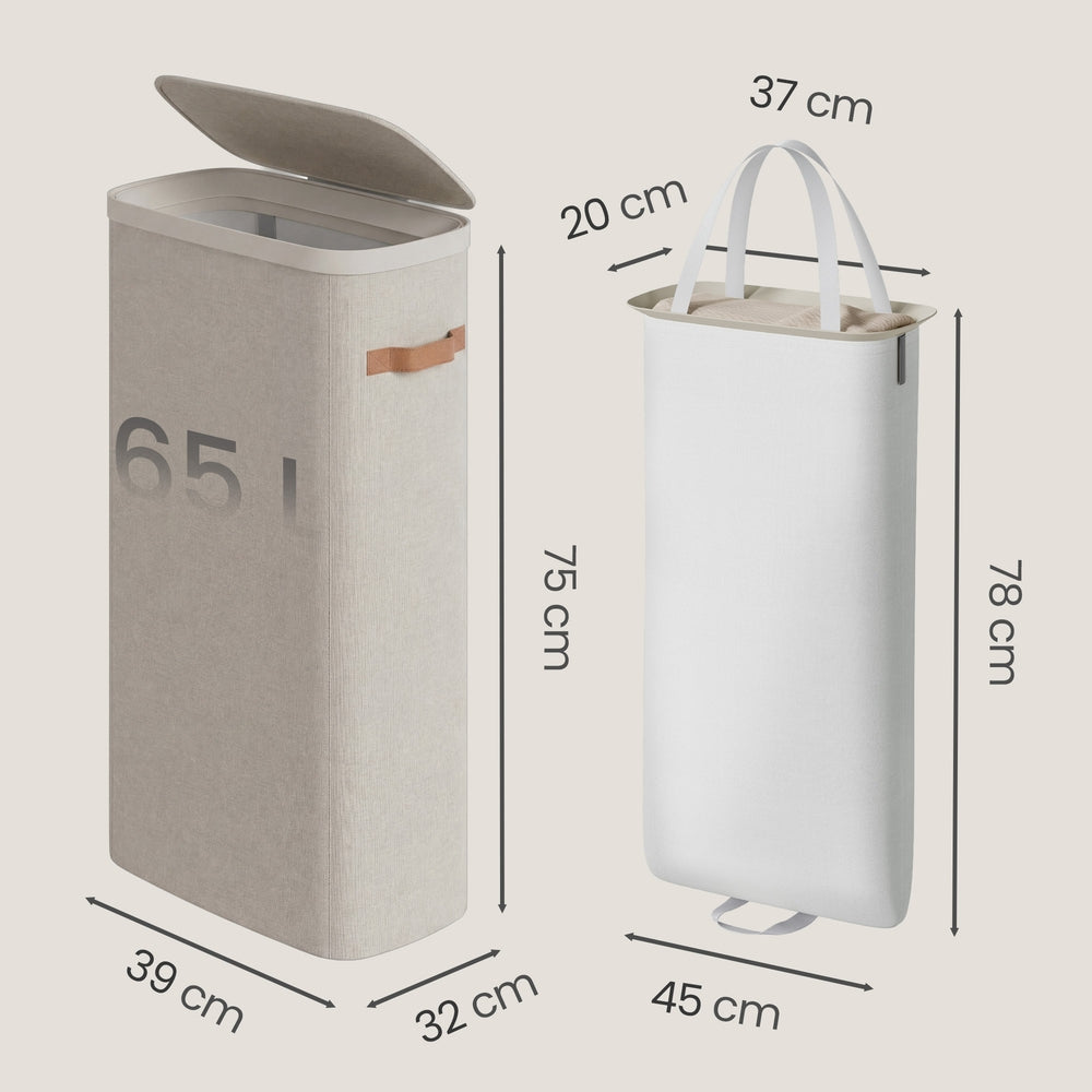 Wasmand - 65 liter - 39 x 22 x 75 cm - met deksel en handvatten - beige - maximaal 10 kg