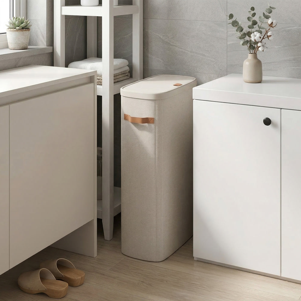 Wasmand - 65 liter - 39 x 22 x 75 cm - met deksel en handvatten - beige - maximaal 10 kg