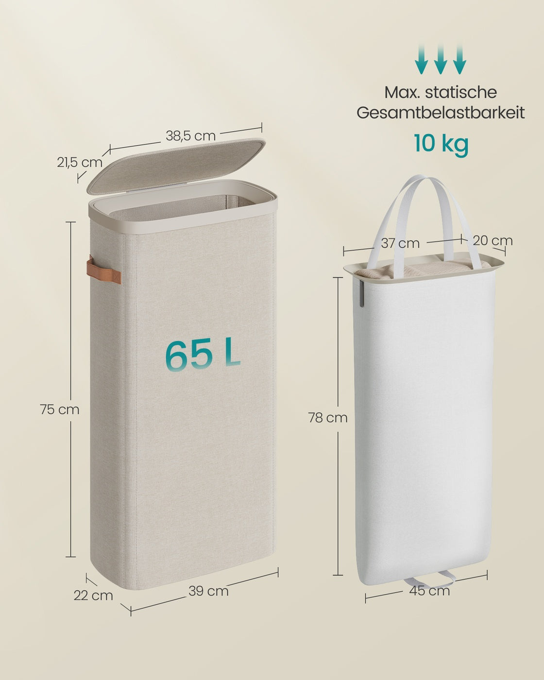 Wasmand - 39 x 22 x 75 cm - 65 liter - met deksel en handgrepen - uitneembare waszak - cappuccinobeige - max. belasting 10 kg