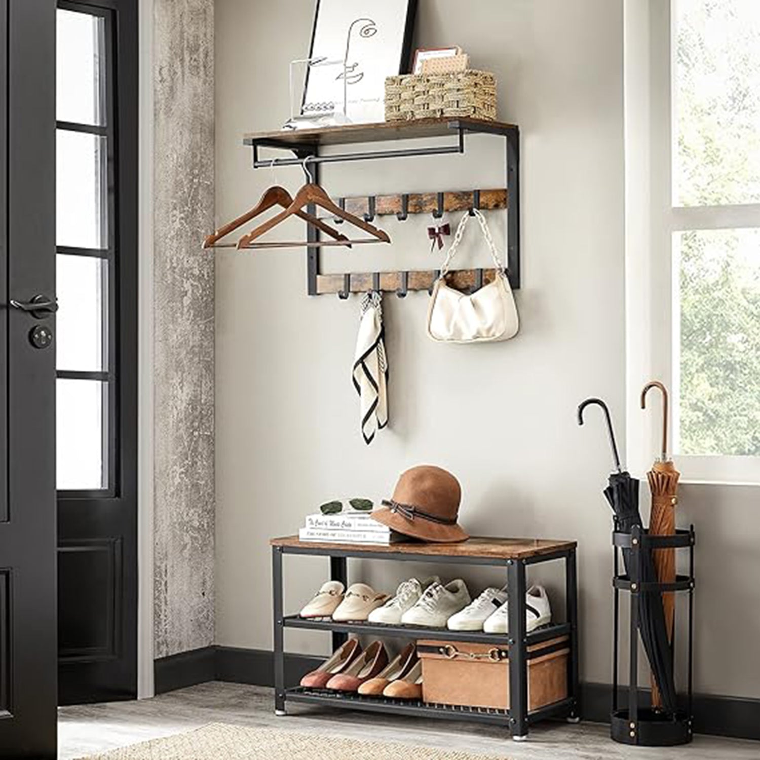 Väggrock rack-med metall ram-vintage brun-zwart