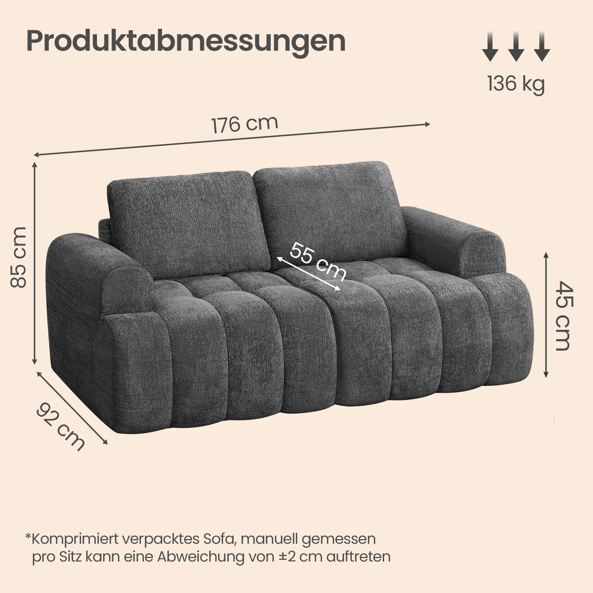 Modulaire Bank – Zonder Frame – Chenille – 176 x 92 cm – Loodgrijs