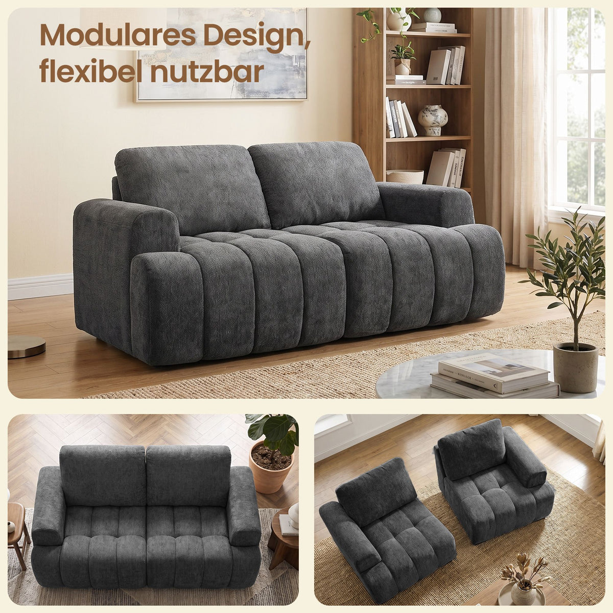 Modulaire Bank – Zonder Frame – Chenille – 176 x 92 cm – Loodgrijs