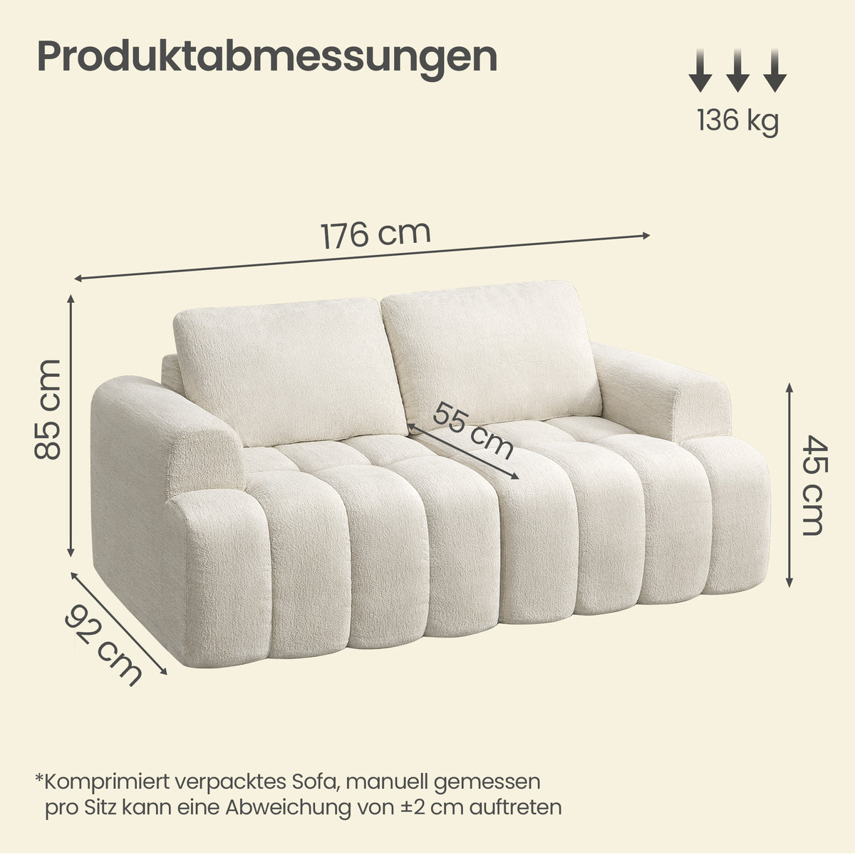 Modulaire Bank – Zonder Frame – Chenille – 176 x 92 cm – Wit