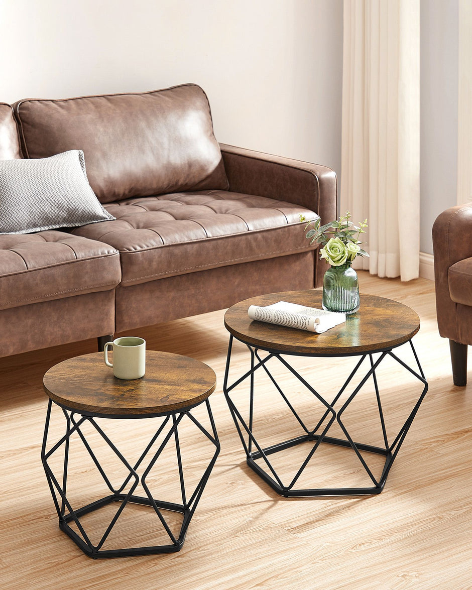 Runt soffbordsset om 2 – vintage stil – brunt och svart