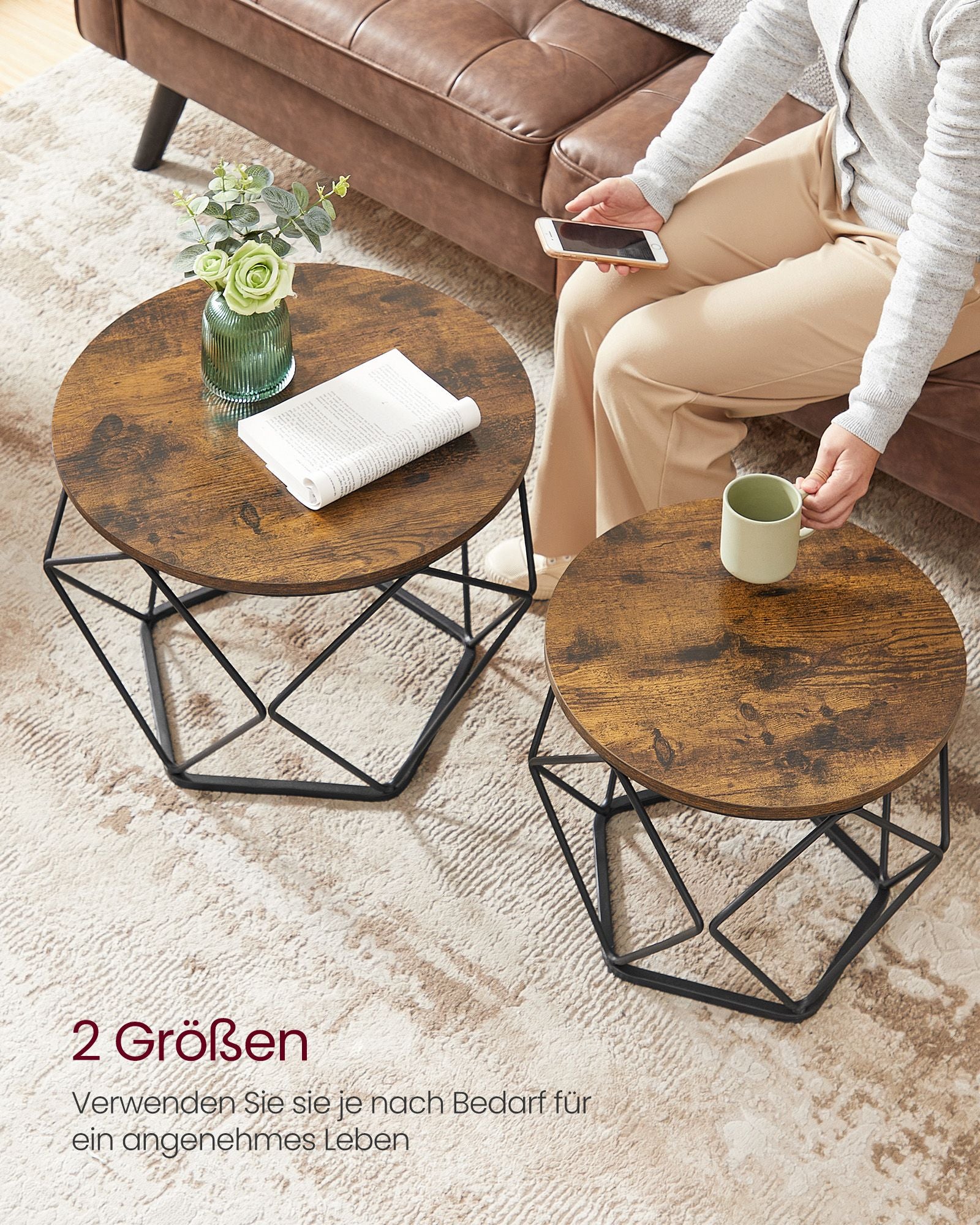Rund soffbordsuppsättning med 2-vintage stil-vintage brun-blank