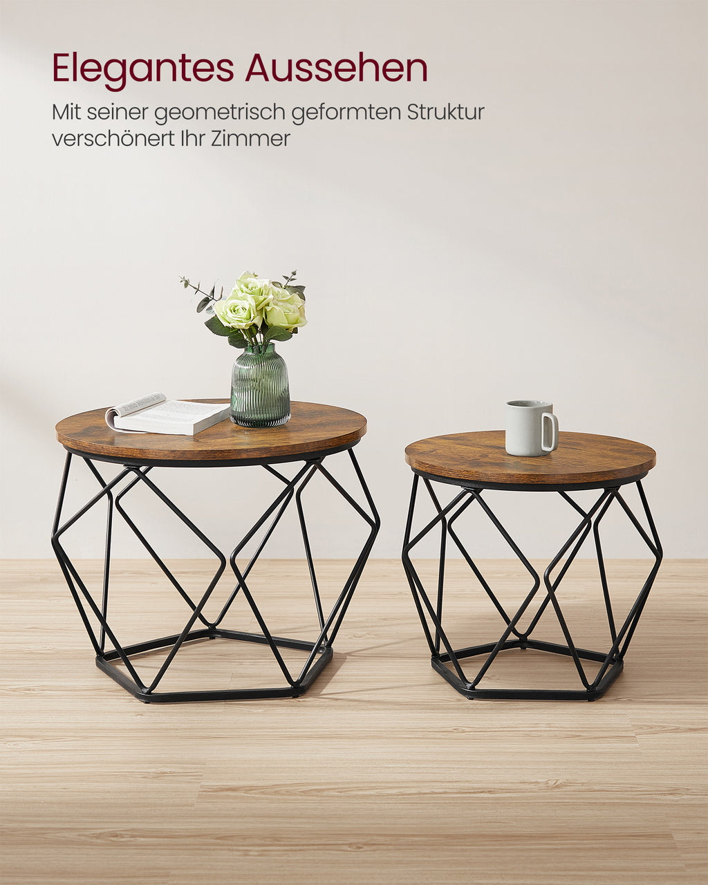 Rund soffbordsuppsättning med 2-vintage stil-vintage brun-blank