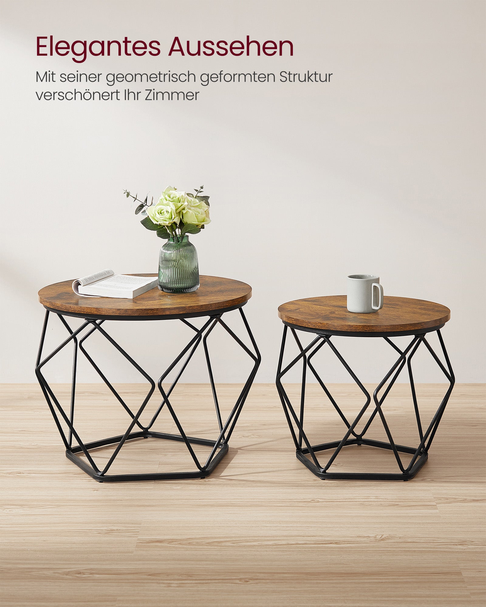 Runt soffbordsset om 2 – vintage stil – brunt och svart