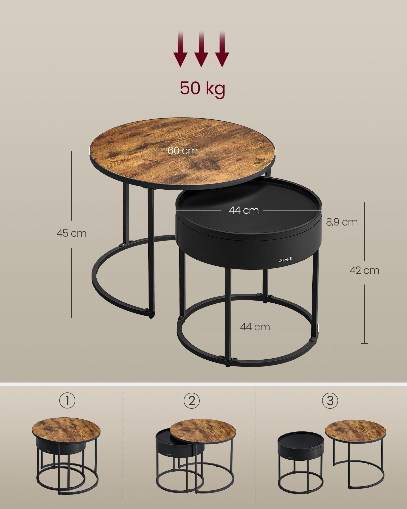 Runt soffbordsset om 2 – Vintage Brun och Ink Black