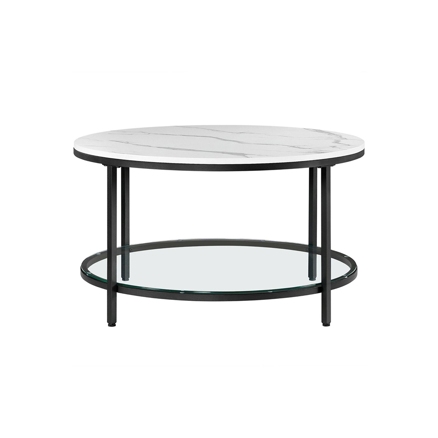 Soffbord – 2 hyllor – Vit marmorlook med svart ram