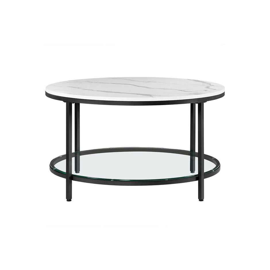 Soffbord – 2 hyllor – Vit marmorlook med svart ram