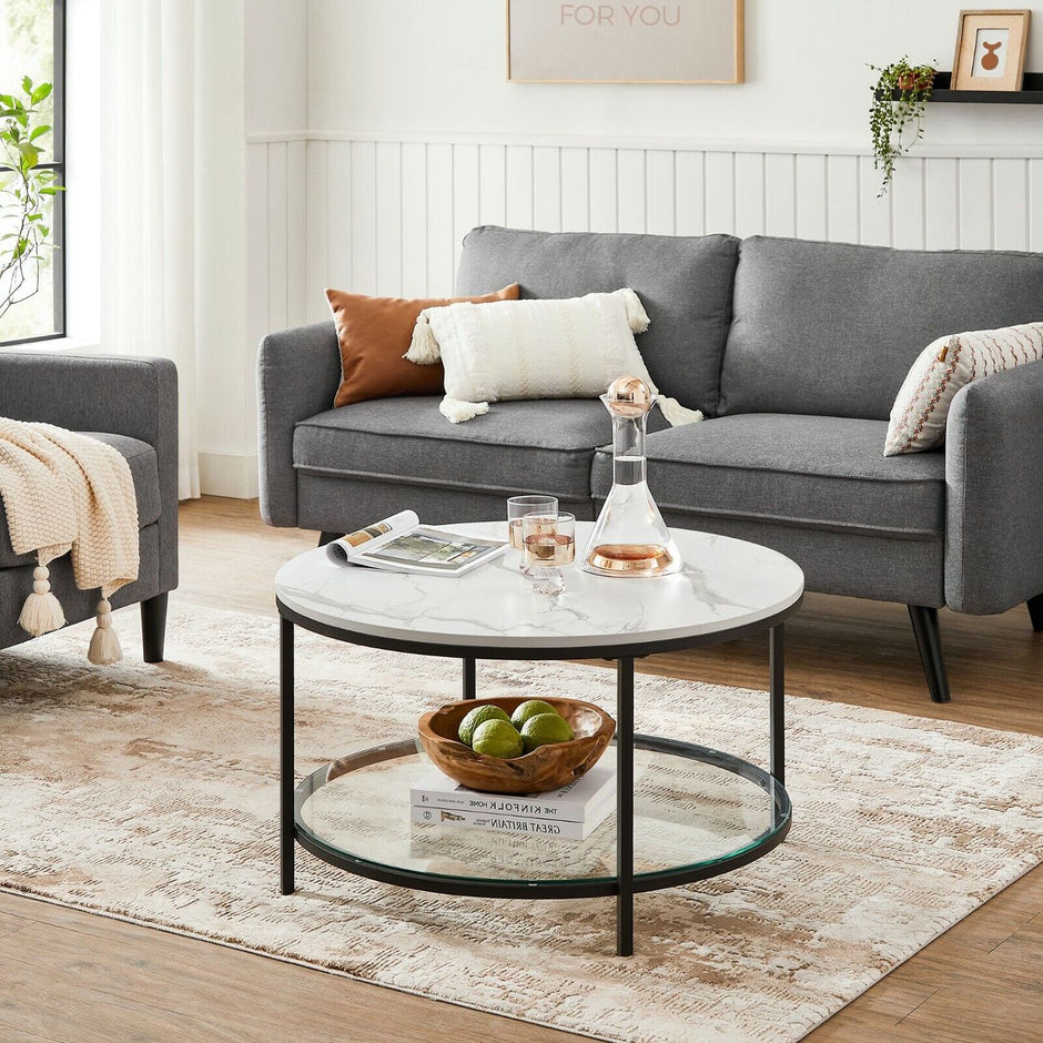 Soffbord – 2 hyllor – Vit marmorlook med svart ram