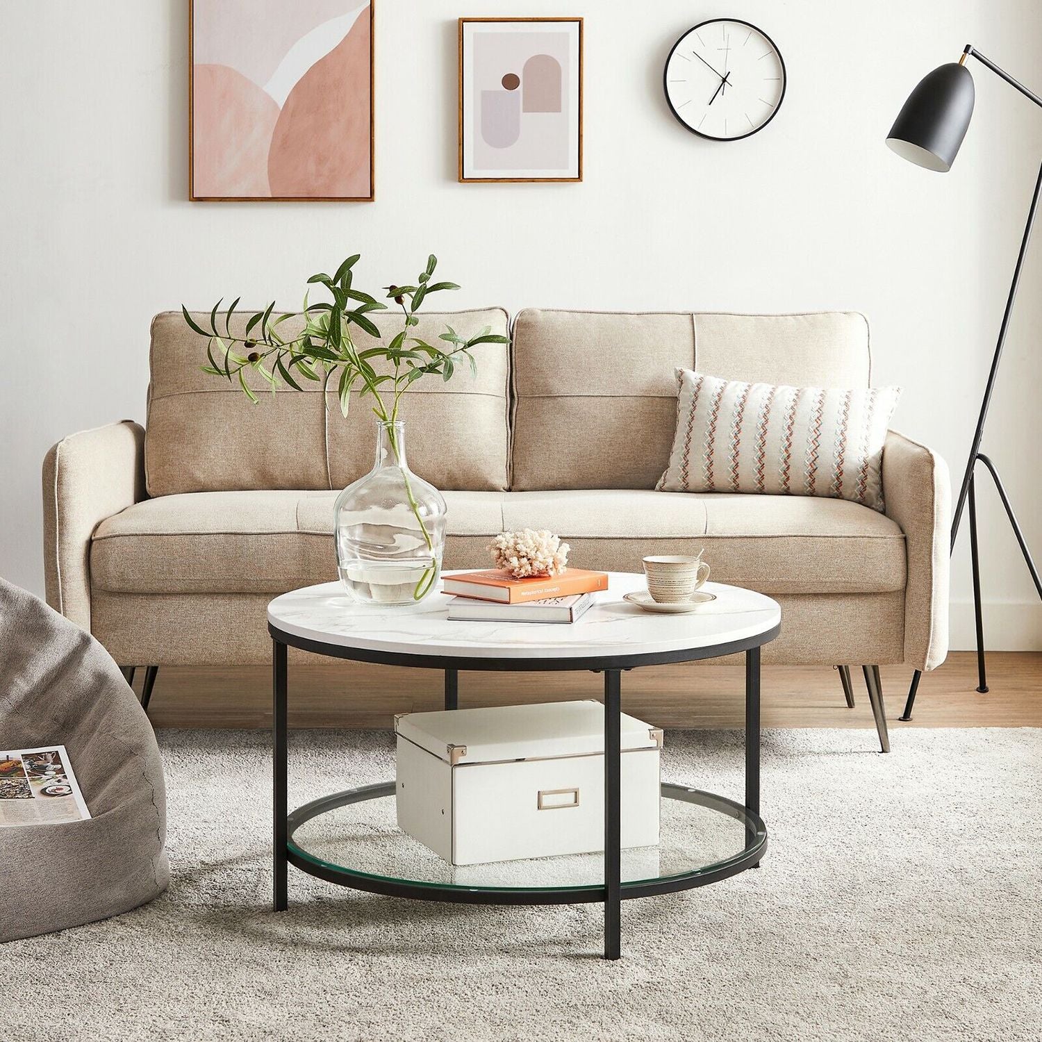 Soffbord – 2 hyllor – Vit marmorlook med svart ram