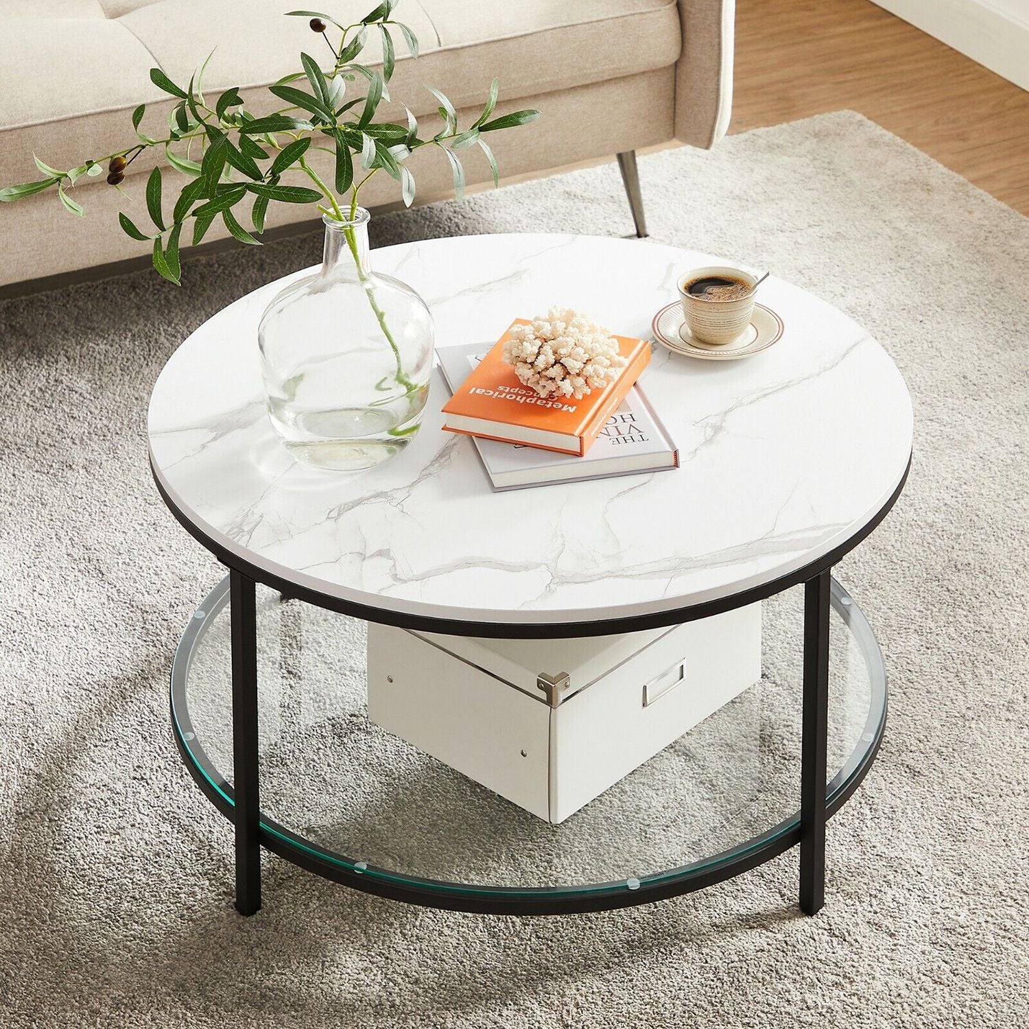 Soffbord – 2 hyllor – Vit marmorlook med svart ram