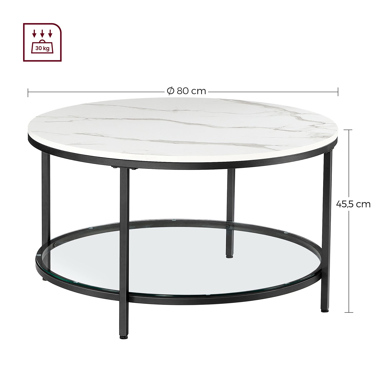 Soffbord – 2 hyllor – Vit marmorlook med svart ram