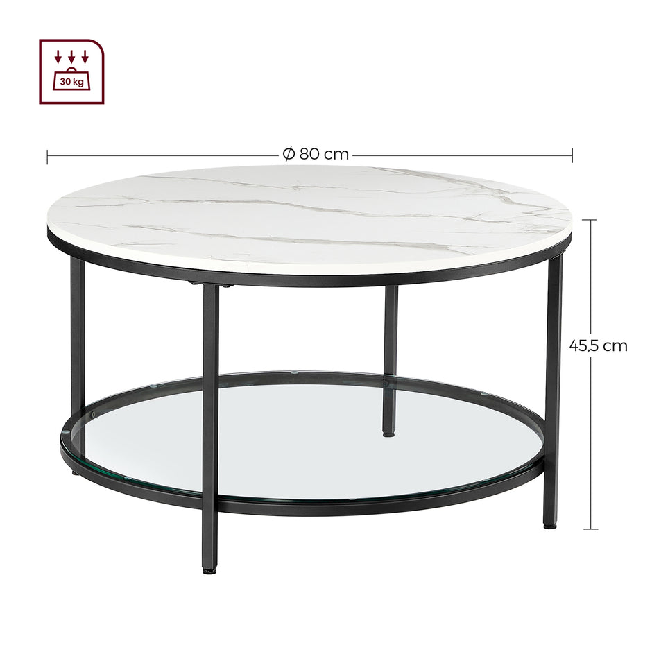Soffbord – 2 hyllor – Vit marmorlook med svart ram